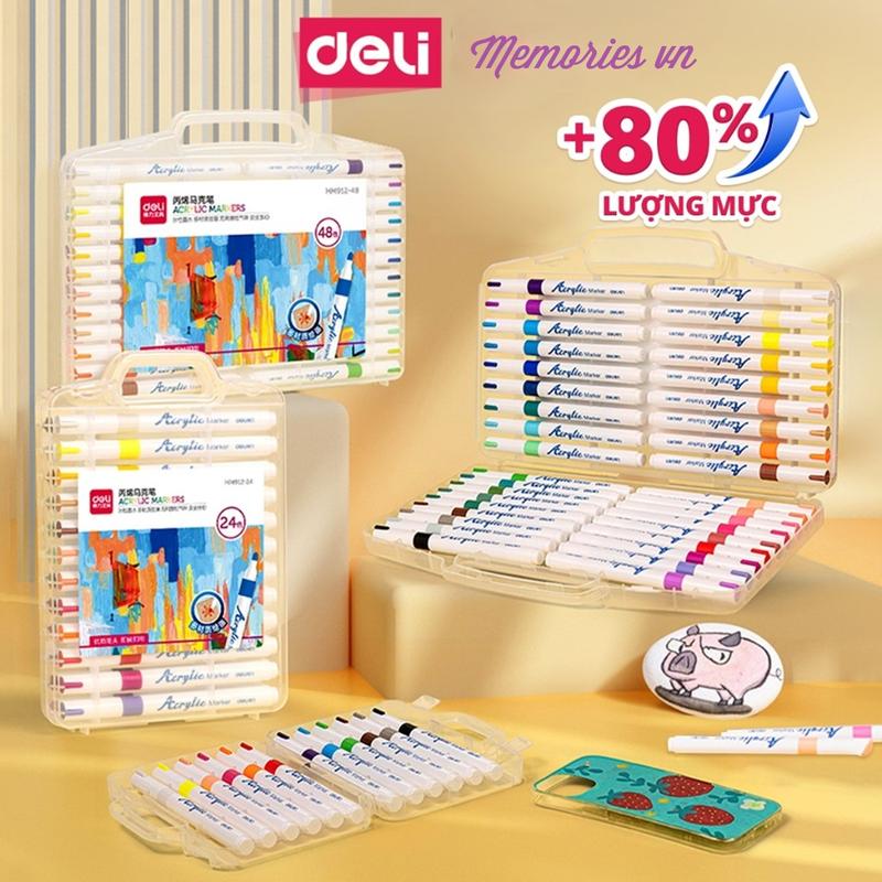Bút Sơn Acrylic Marker Deli bản mới THÊM 80% MỰC, hộp nhựa - 12/24/36/48/64 Màu Tô Trên Mọi Chất Liệu DIY Vẽ Giày Vải Chai Lọ - Mỹ Thuật, Hội Họa cho trẻ bomau