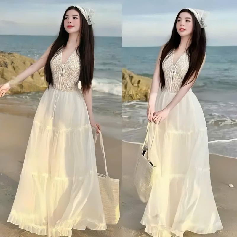 Đầm váy nữ ren thiết kế cổ V cột dây nơ phối váy voan tơ xòe xinh xắn tông dáng cho các nàng diện đi ,chơi biển.women top. 0