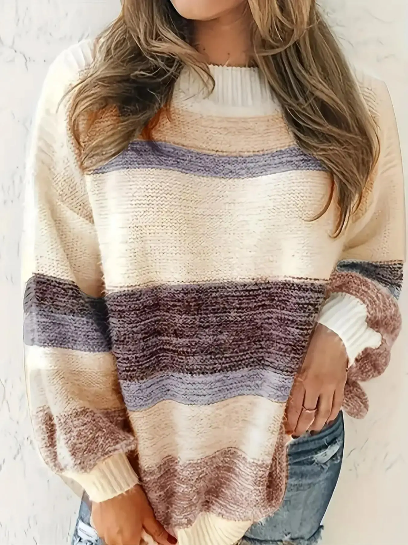 【Plus Size】 Patchwork Print Long Sleeve Sweater, Casual Round Neck Jumper for Fall & Winter, Women's Plus Clothing for Daily Wear