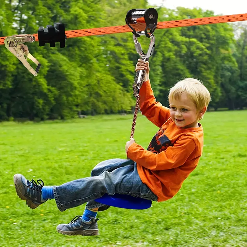 1pc Orange Polyester Zip Line Set for Kids and Adults, 50ft Soft Rope Pulley Kit for Warrior Obstacle Courses, 330lb Max Load Outdoor Backyard Adventure Equipment 0