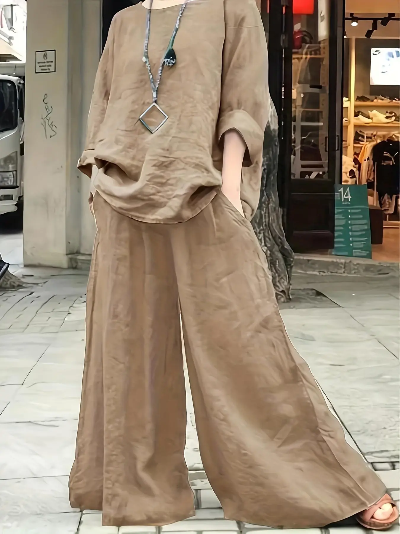 Women's Plain Drop Shoulder Blouse & Wide Leg Pants Two-piece Set, Casual Long Sleeve Round Neck Top & Pocket Trousers 2 Piece Set for Spring & Fall, Women's Lounge Clothes for Daily Wear