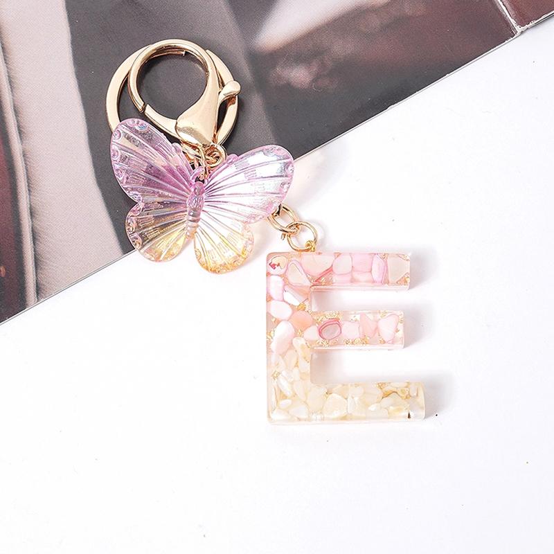 Product Introduction of [QQQ]Pink Dream Butterfly 26 Letters A To Z Resin Keychain 26 Initials White Stone  Leaf Pendant Keyring Backpack Charm Bag Decor 42