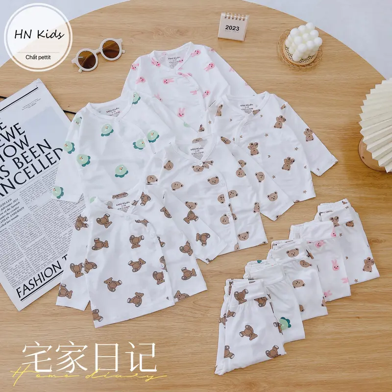 Bộ quần áo cho bé sơ sinh tay dài Hnkids vải petit sợi tre mềm mát co giãn màu trắng in hình Sơ Mi 1