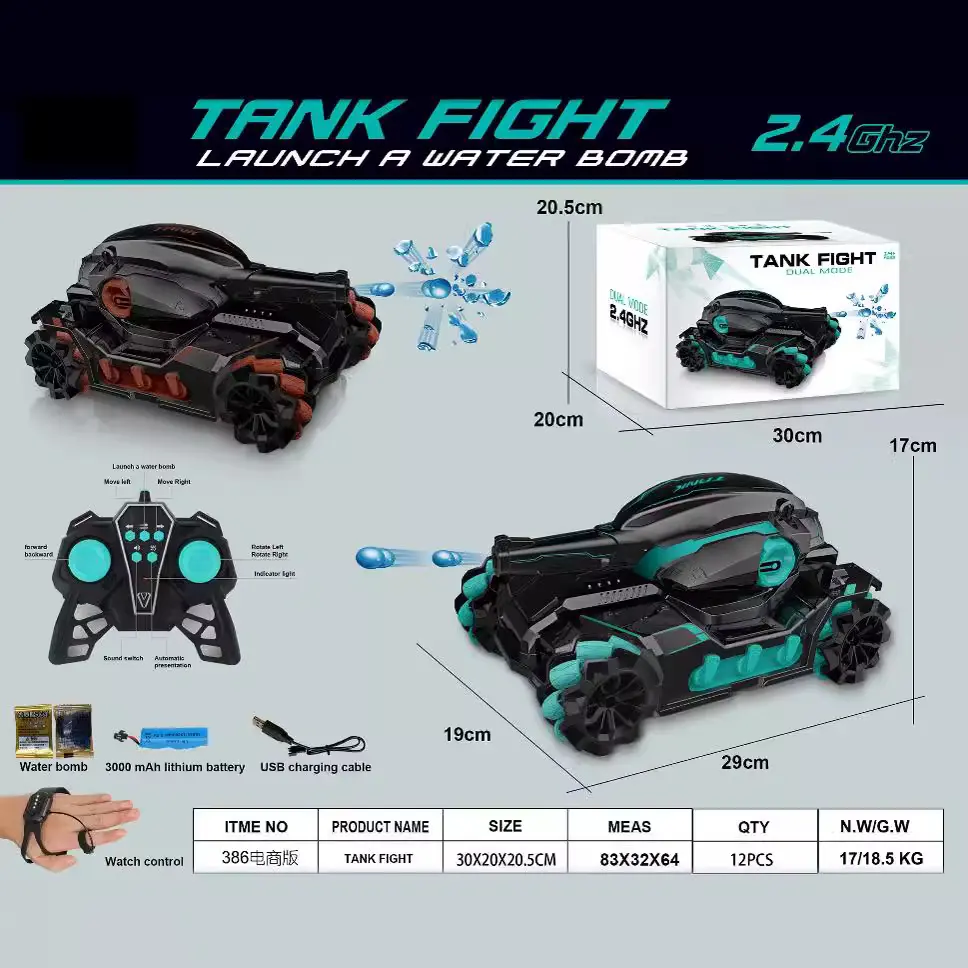 2.4G Remote Control Tank Mecha Water Bomb Stunt Car Gesture Induction Music Light Emission Children Drift Toys