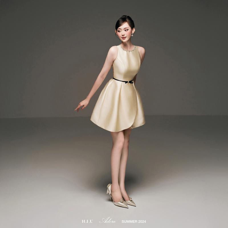 Gela Dress | Váy nữ thiết kế tafta style tiểu thư H.I.U Fashion | thiết kế sang trọng màu kem cao cấp HIU design