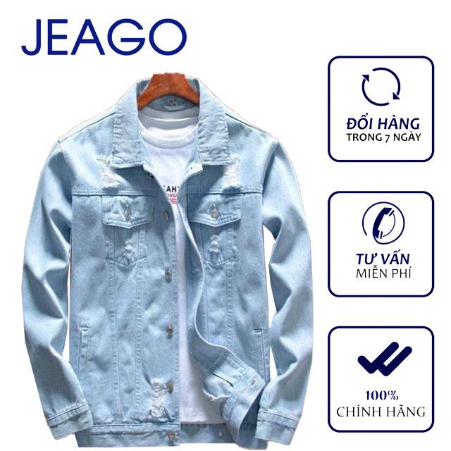 Áo Khoác Xanh Rách Vai Dành Cho Nam Nữ JEAGOVN Menswear Jean Tay Dài Jacket Denim detroit Nhung Có Cổ