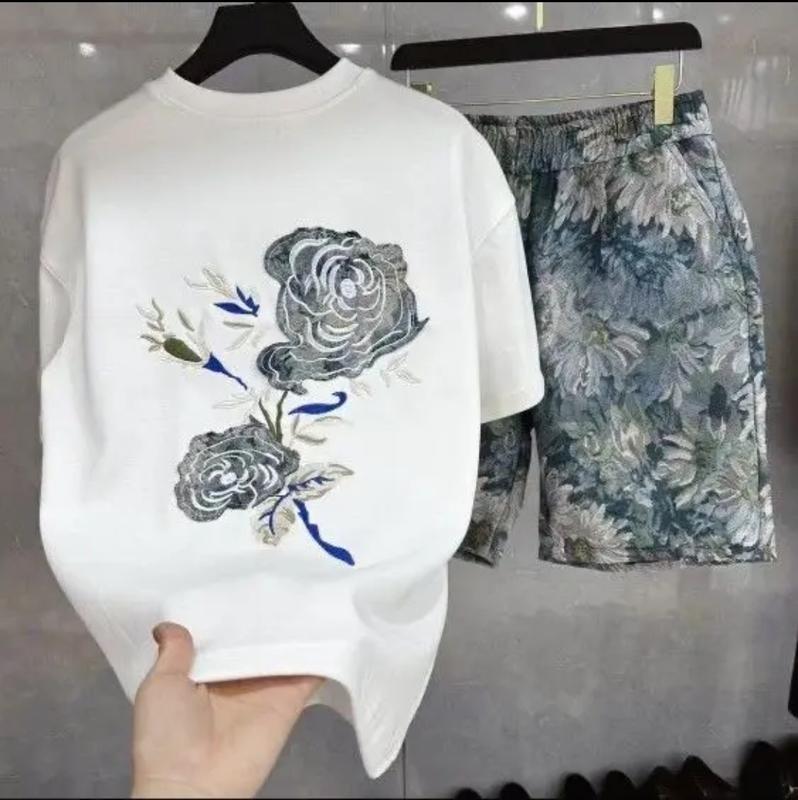 ÁO PHÔNG NAM CỘC TAY + QUẦN SHORT IN HỌA TIẾT THỜI TRANG ( BỘ HOA LÁ ) Menswear đơnh giảnh �� người chọn giảm giá (bộ đồ màu đen)