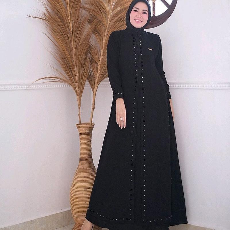 Zahra Dress jetblack premium original by saideofficial / pakaian dress gamis muslim wanita Hitam Polos Kantong Lembut Mutiara Outer Semi Panjang Mewah Kancing Maxi Pesta Kancing 4