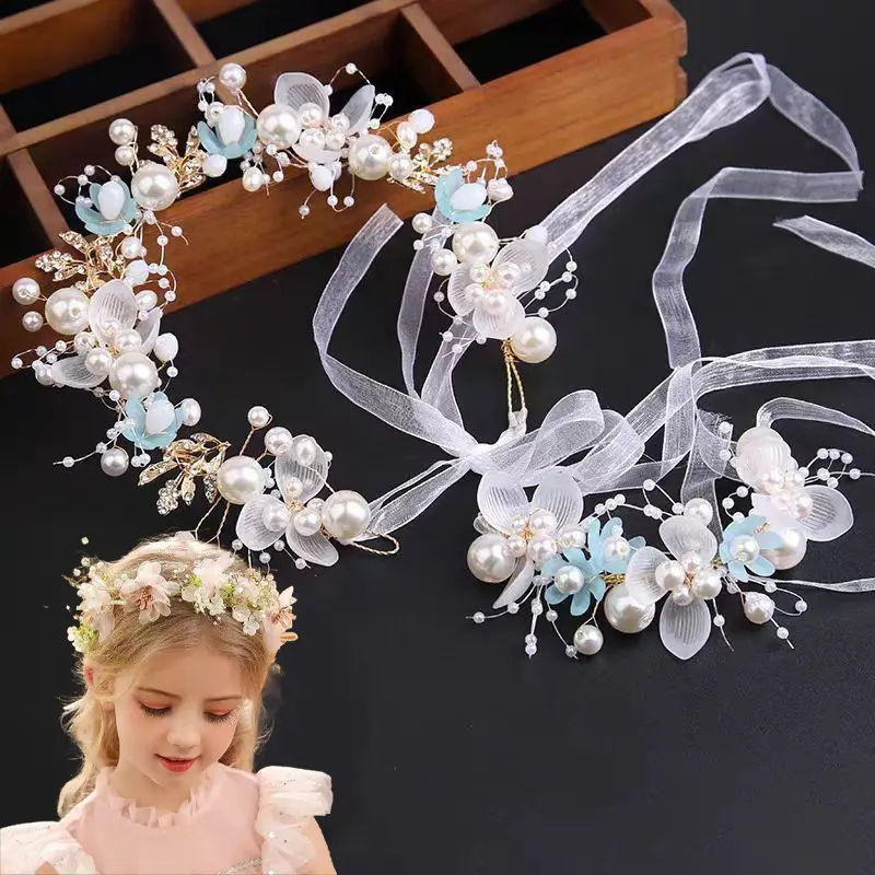 Ikat Rambut Flower Crown ala Korea - Kalung Bunga + Pita Glitter untuk Potret Hari Spesial Anak