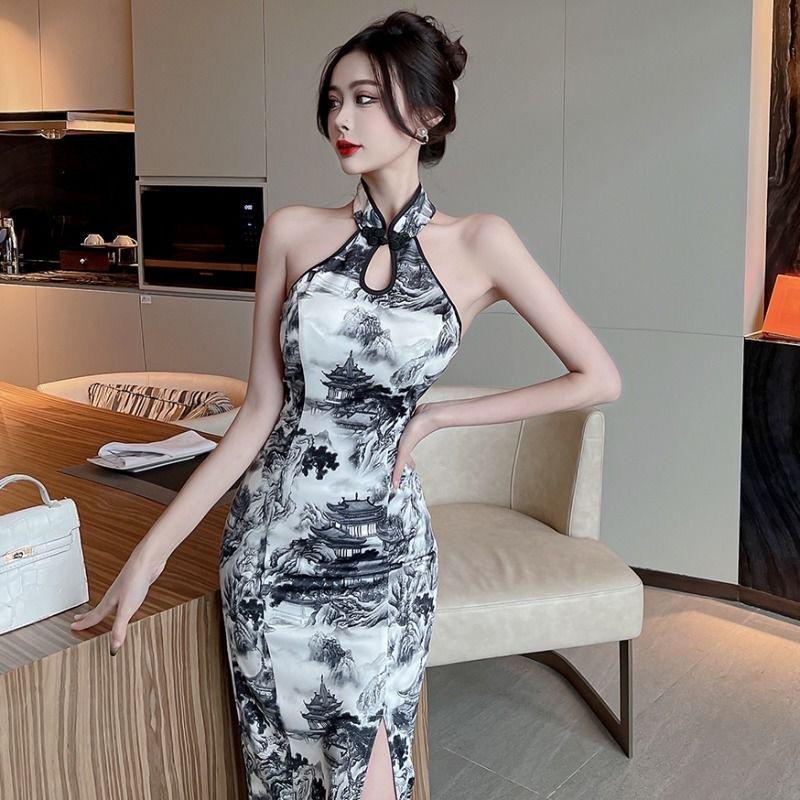 Product Introduction of Váy Sườn Xám Cổ Yếm Thanh Lịch, Cao Cấp, Dành Cho Nữ, Hàng Mới Về Mùa Hè, Ôm Vừa Vặn, Có Khe Hở, Bó Sát, Váy Dài Trung Bình Thời Trang 4