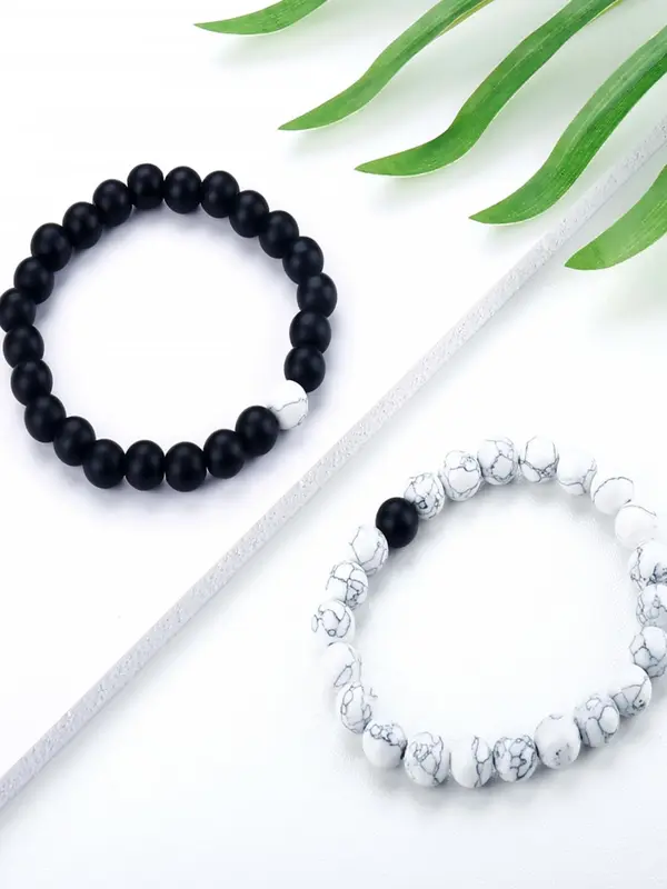 2pcs/set Unisex Simple Style Beaded Bracelet with Turquoise Texture Design, Casual Trendy Beaded Bracelet, Fashionable Jewelry for Women & Men, Couples Gifts 2
