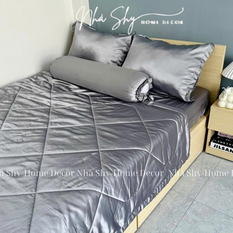  Bộ Chăn Gra Phi Lụa 5 Món Màu Xám Bạc - Set 4 món không mền  set 5 món có mền - Nhà Shy mềm mại 