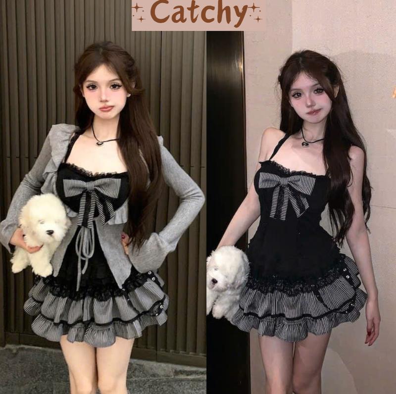 Set Váy Nữ 3 Món Xinh Xắn Áo Yếm Ren Đính Nơ Phối Chân Váy Tầng Kẻ Sọc Kèm Khoác Tay Dài Loe, Set Áo Cổ Yếm Viền Ren Nơ Chân Váy Ngắn Dáng Xòe Họa Tiết Kẻ Sọc Đáng Yêu CATCHYstore Women Top