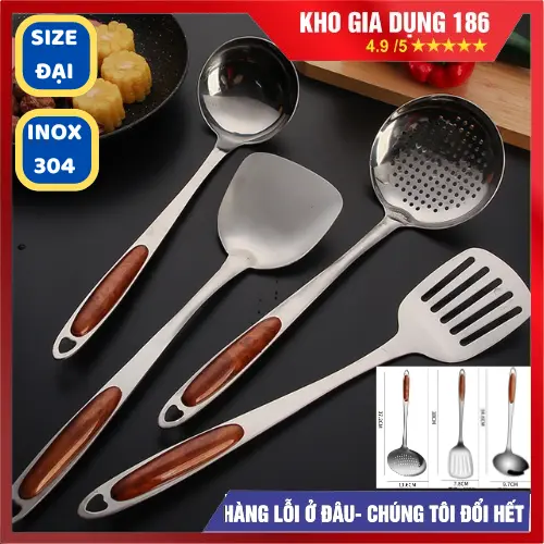 Bộ dụng cụ nhà bếp INOX nguyên chất Muôi (Vá) đặc cán gỗ CAO CẤP, Muôi lỗ, xẻng lỗ, xẻng đặc xào chiên rán cỡ ĐẠI chất liệu INOX an toàn bộ  vá muỗng