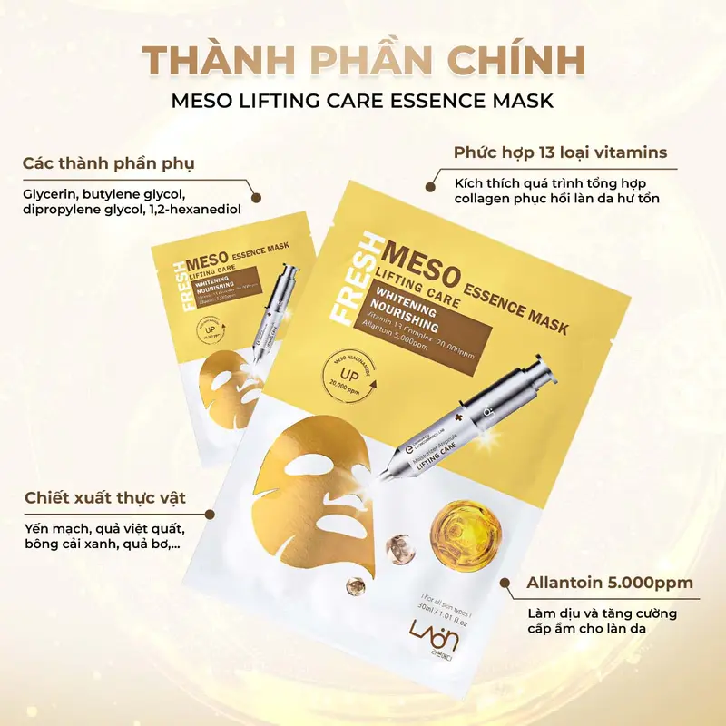 Mặt Nạ Vàng hỗ trợ săn chắc da, nâng cơ và dưỡng ẩm dịu nhẹ Laonmedi Meso Lifting Care 30ml (10 miếng) Skincare Cosmetics  VKM Hàn Quốc 1