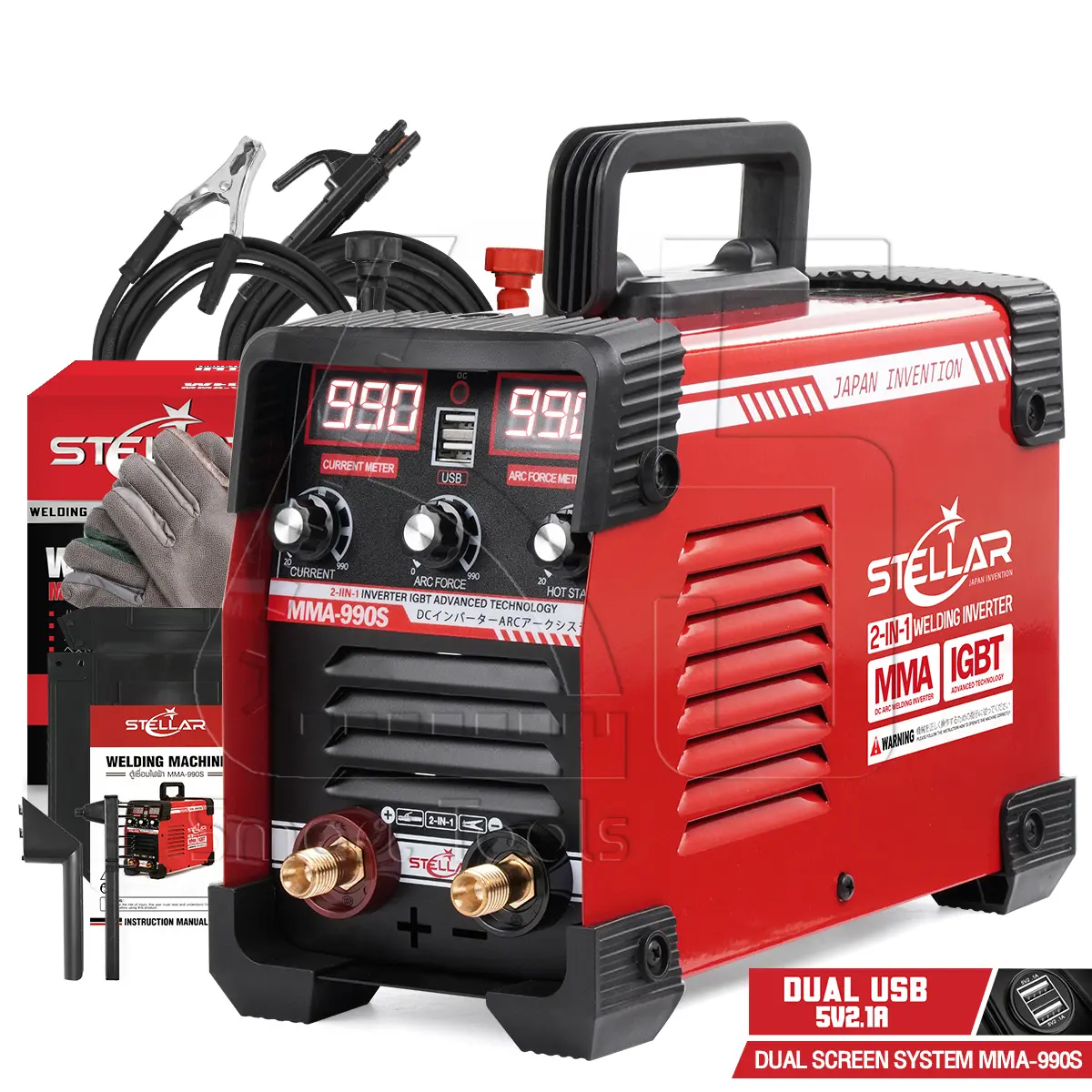 STELLAR ตู้เชื่อม Inverter IGBT MMA-990S รุ่นงานหนัก 2in1 พร้อมฟังก์ชั่น Power Bank พาวเวอร์แบงค์ ในตัว (2USB) แสดงผล Dual Screen 2 หน้าจอ 3 ปุ่ม ตู้เชื่อมไฟฟ้า เครื่องเชื่อม สายเชื่อมยาวพิเศษ 10 เมตร และ อุปกรณ์ ครบชุด รุ่น STL-990S