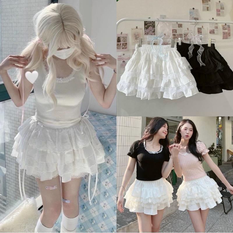 Chân váy trắng đen coquette bèo ren tầng xòe ngắn phồng chất đũi lưng chun có quần bảo hộ CV030