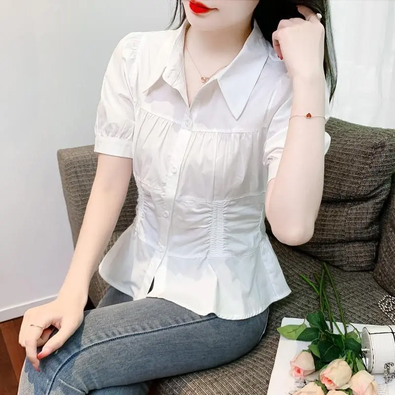 Áo Sơ Mi Ngắn Tay, Dành Cho Phụ Nữ, Hàng Mới Về Mùa Hè 2024, Thiết Kế Đẹp, Cỡ Nhỏ, Eo Bó Sát, Phong Cách Pháp Sang Trọng Độc Đáo Áo Ôm Eo 5