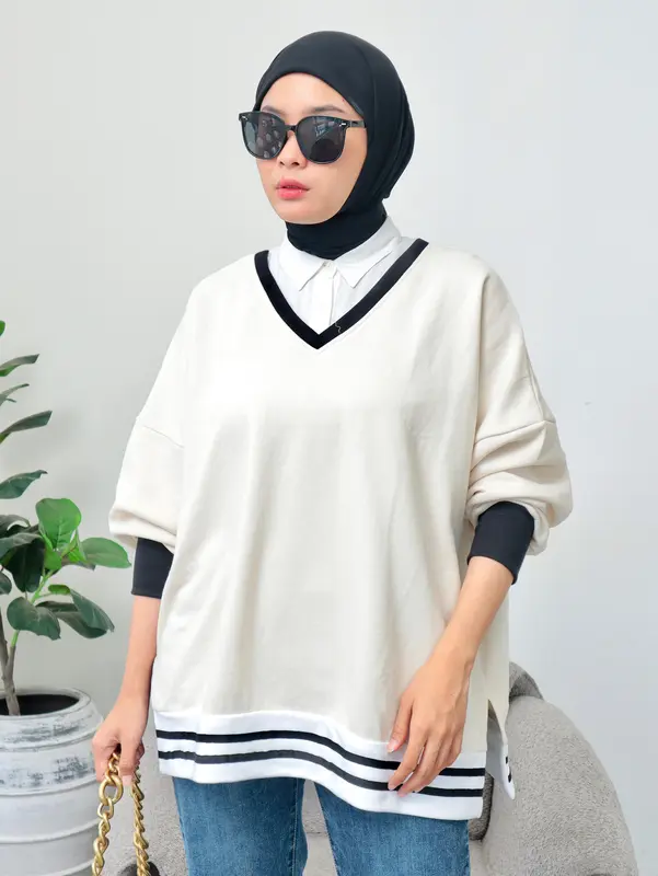 Baju Atasan Blouse basic Wanita Elegant Hanami Bahan Fleece Kombi Katun Terbaru - Kombinasi Oversize 2