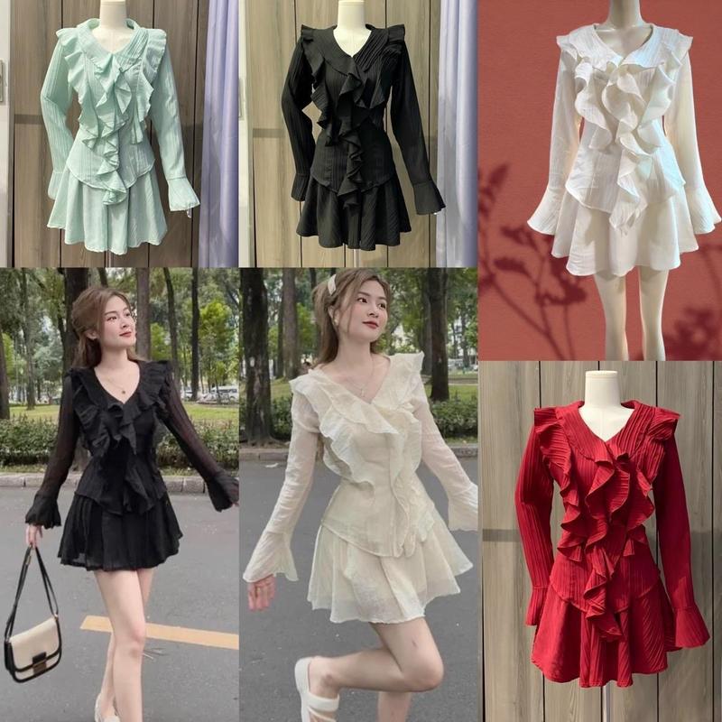 [Xả Kho] Set Váy Dự Tiệc Có Lót Trong Vải Đũi Xốp 50 - 100Kg Dễ Thương Top Nữ Dress Đen Women Voan - A.1259