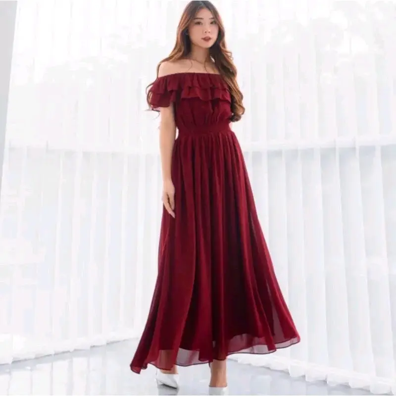 Miracle Sabrina Dress - Chiffon Import - Gaun Pesta Pantai Prewed Polos panjang formal Mewah 0