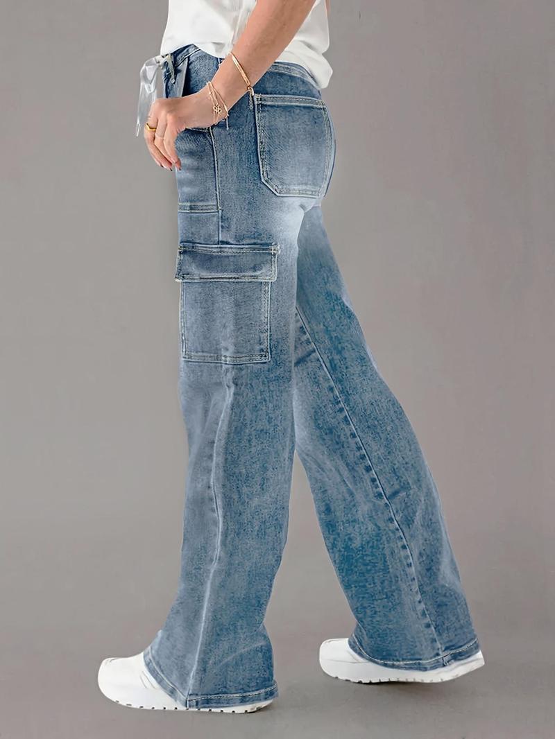Product Introduction of 【Plus Size】 Solid Tie Front Pocket Cargo Jeans, 1 Count Casual Street Fashion Denim Pants for Daily Wear, Women's Bottoms for All Seasons 3