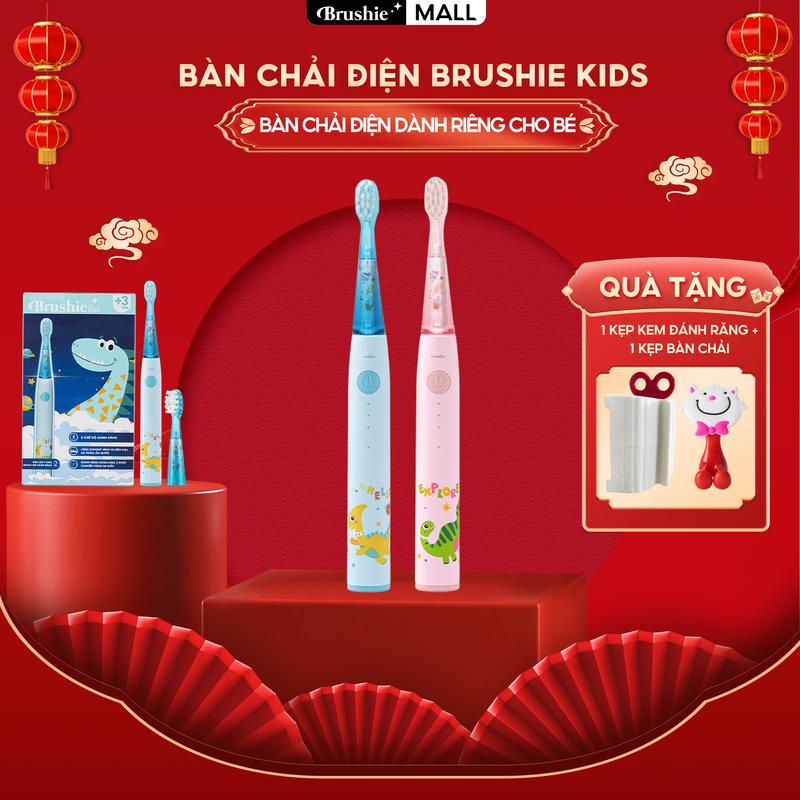 Bàn chải điện trẻ em Brushie Kids đầu lông bàn chải mềm mại an toàn cho bé - TẶNG Kẹp kem đánh răng + Kẹp bàn chải TiktokXmas