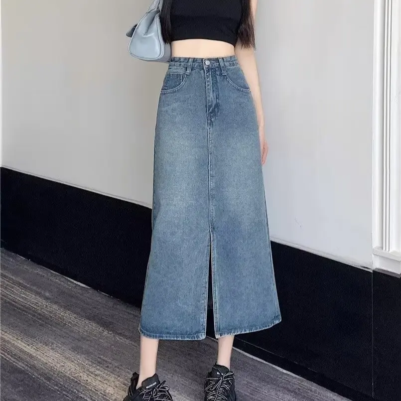 Oversized High Waisted Retro Hip Wrap Skirt Mid Length Denim Skirt for Women's Summer