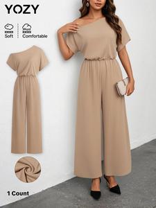 YOZY Women's Solid Asymmetrical Neck Wide Leg Jumpsuit, Casual Short Sleeve Jumpsuit for Daily Wear, Ladies Clothes for All Seasons
