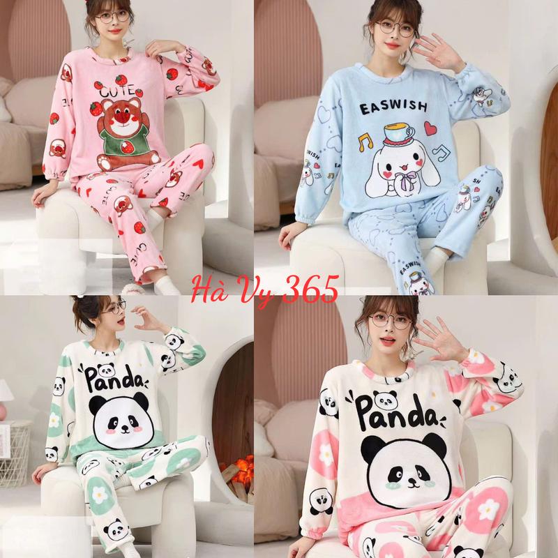 Bộ Đồ Ngủ Nữ Quần Áo Ngủ Mặc Nhà Dài Tay Vải Bông Lông Cừu Giữ Nhiệt Ấm Mùa Đông Đi chơi Đều Đẹp