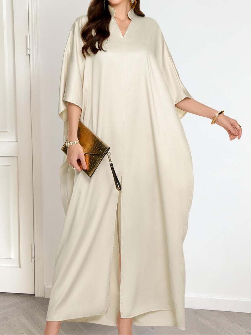 Product Introduction of Women's Plain Notched Neck Split Hem Long Dress, Elegant Fashion Casual Dress for Daily Outdoor Wear, Women Dress for Summer, Summer Dresses 2025 9