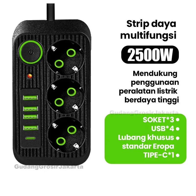 2500W Stop Kontak USB Kabel Serbaguna Multiguna Panjang 2 Meter Original Power Socket 3 Colokan+ 1 TYPE-C + 4 USB Putih/Hitam Tembaga 0