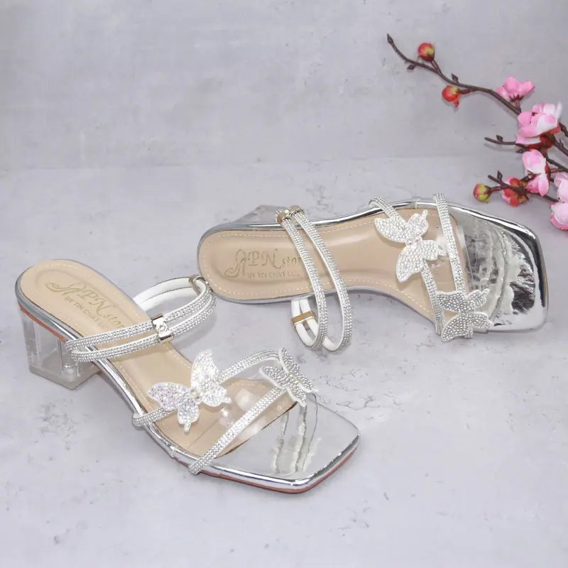 Giày sandal cao gót vuông trong 4 phân quai ngang mica phối dây xoàn