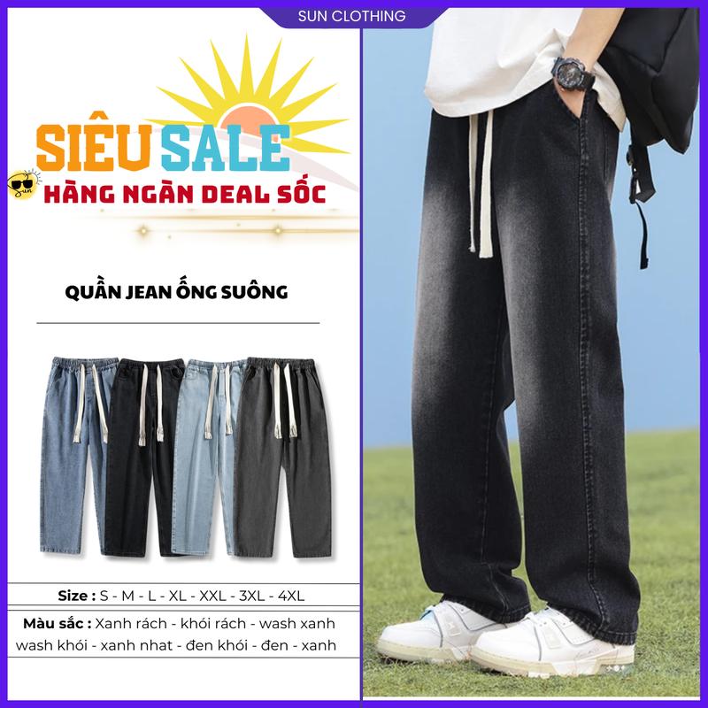  Quần jean ống suông cạp chun bigsize nam nữ  SUN style cothing 09 màu xanh đen khói xanh nhạt thoải; thoải mái dễ phối đồ. 