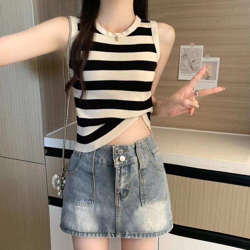 Quần Áo Nữ, Áo Vest Sọc Kiểu Pháp, Bộ Sưu Tập Mùa Hè Mới Thời Trang, Đồ Lót Ngầu Thường Ngày Áo Dệt Kim, Hợp Xu hướng, Phù Hợp Bên Trong, 2024 Top Women 9