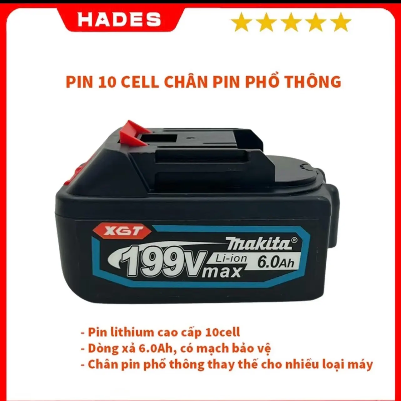 Pin 10cell makita dòng xả cao , chân pin phồ thông 4cm