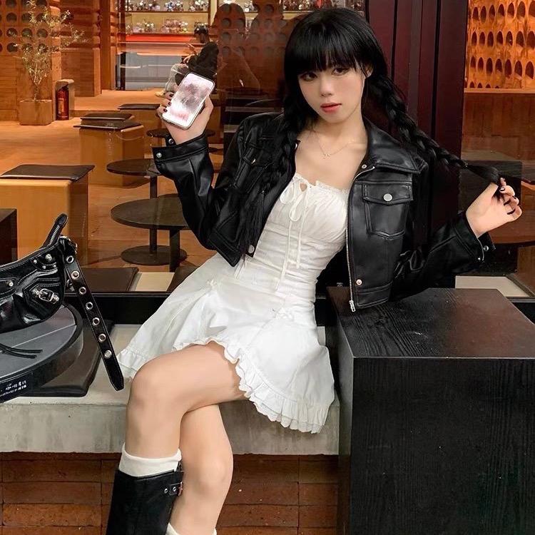 Áo khoác da croptop có túi, áo khoác da nữ tay dài cúc bấm cá tính trẻ trung Bò