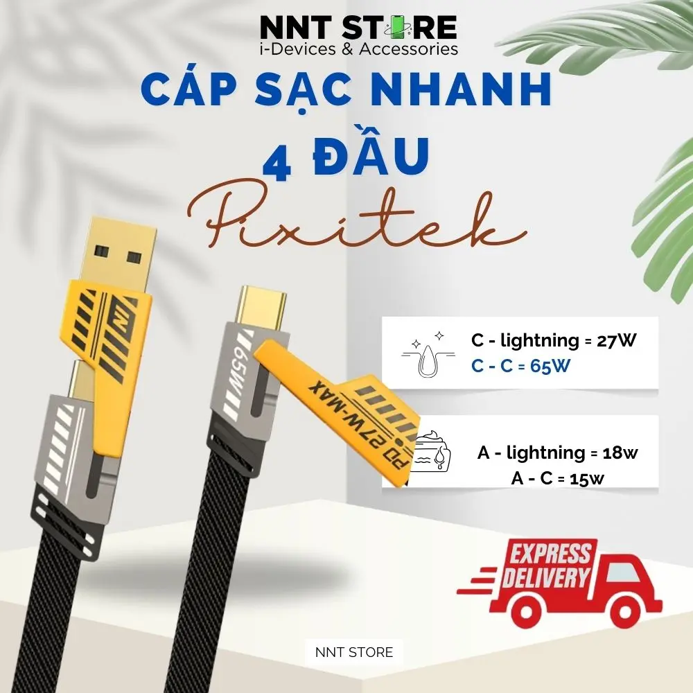 Cáp Sạc Nhanh Đa Năng 4 Đầu - C-L, C-C, USB-C, USB-L Tối Đa 65W | Cáp 4 in 1 Pixitek