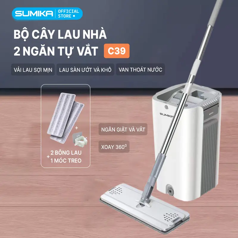 Bộ cây lau nhà SUMIKA C39, thùng lau nhà 2 ngăn tự vắt thông minh, chổi lau sàn nhà 360 độ, 2 bông lau, 1 móc treo cây lau sàn 0