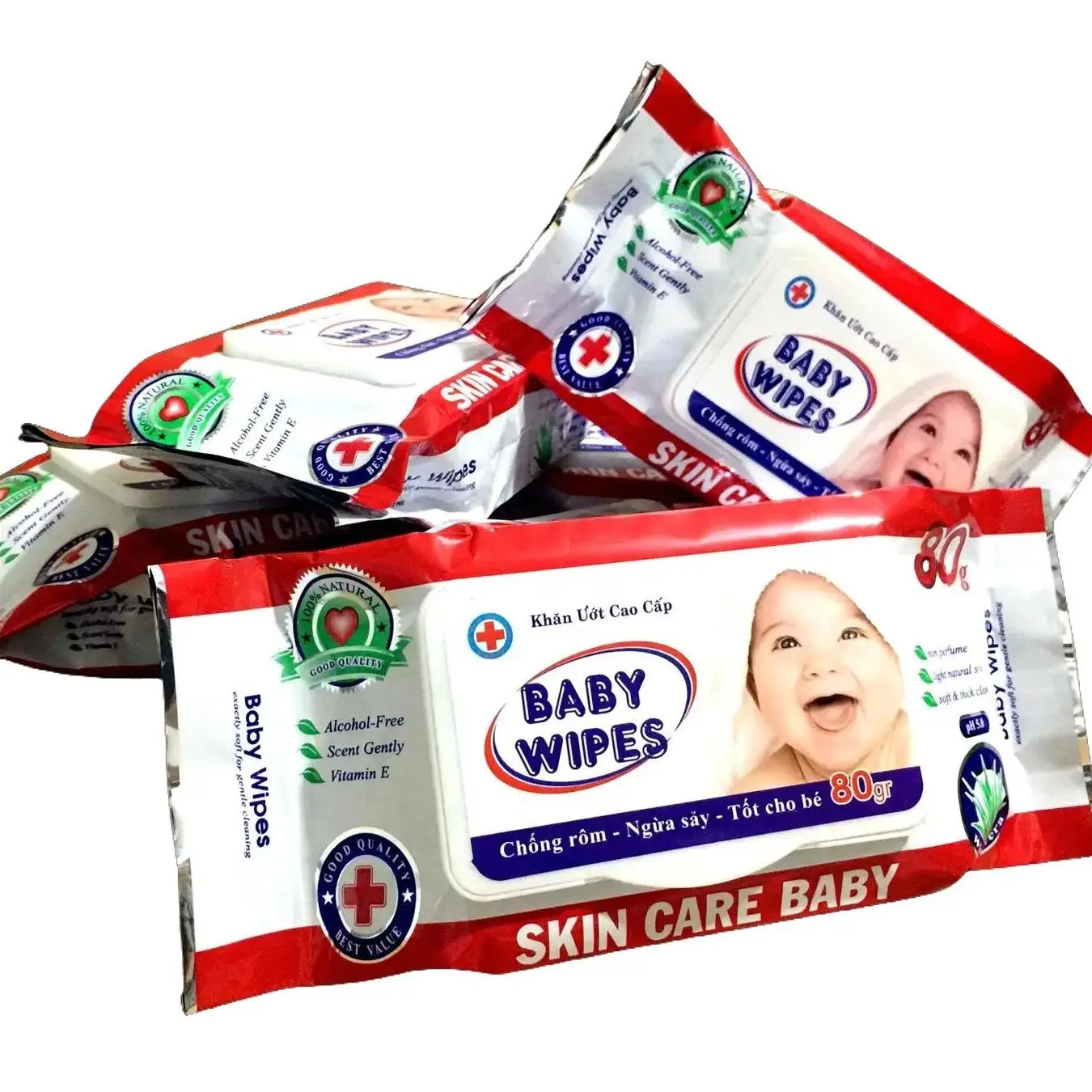 Combo 8 Gói Baby 80g Wipes màu đỏ, KHÔNG CỒN, AN TÂM DÙNG CHO BÉ, Khăn ướt, Vải siêu mềm, Siêu tiết kiệm, Hương thơm nhập khẩu Châu Âu
