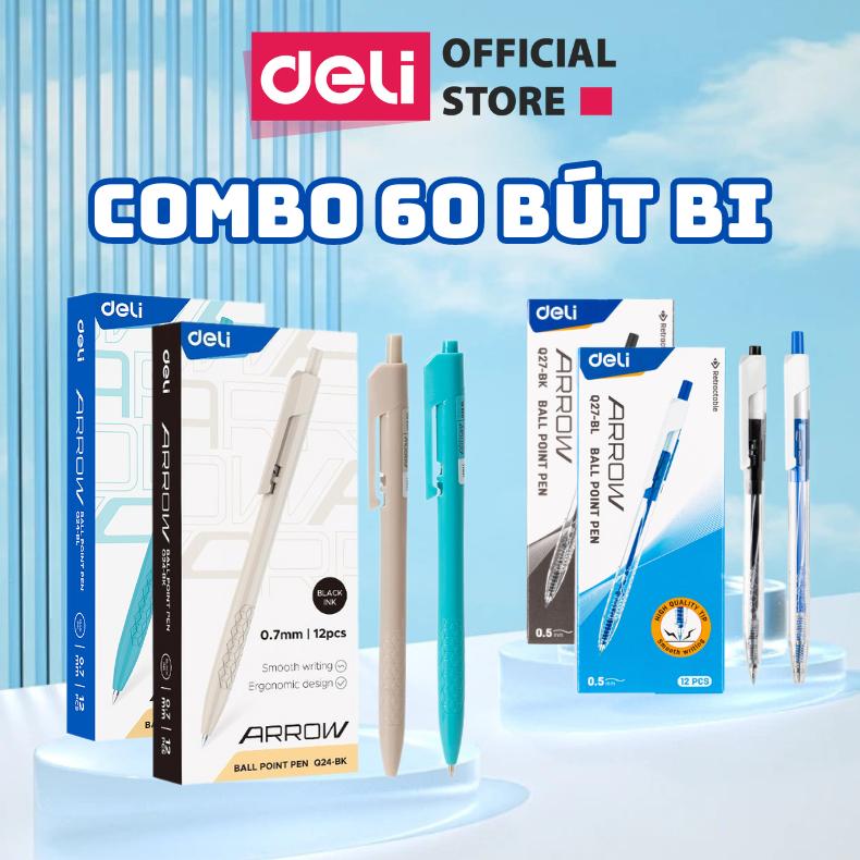 Combo 60 bút bi dầu Deli - Mực xanh/ đen - Ngòi 0.5 0.7mm - Bút bi học sinh, viết trơn, không in ra mặt sau giấy