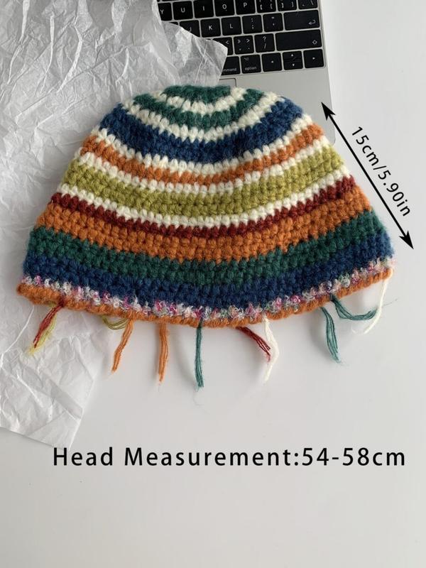 Rainbow Stripe Pattern Label Patched Design Beanie Hat, Casual Street Warm Ear Protection Knit Hat for Fall & Winter, Fashion Accessories for Women & Men 1