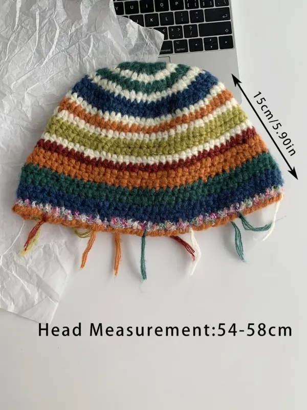 Rainbow Stripe Pattern Label Patched Design Beanie Hat, Casual Street Warm Ear Protection Knit Hat for Fall & Winter, Fashion Accessories for Women & Men 1