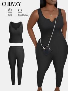 CURVZY Plus Size Autumn Aesthetic Plain Notched Neck Tank Top & High Waist Leggings Set, Casual Sexy Comfort Sleeveless Vest & Skinny Pants for Daily Outdoor Wear, Women's Stretchy Outfits for Summer, Travel