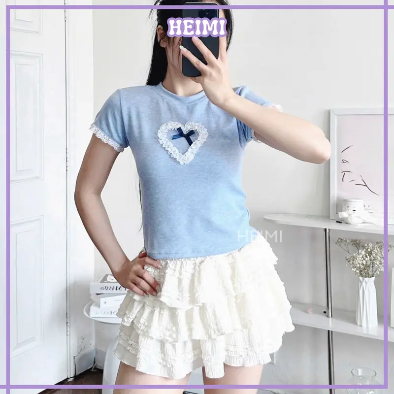 Áo Thun Nữ Phối Ren Trái Tim HEIMI, Áo Baby Tee Form Ôm Body Dễ Thương Chất Len Tăm Mềm Mịn 1