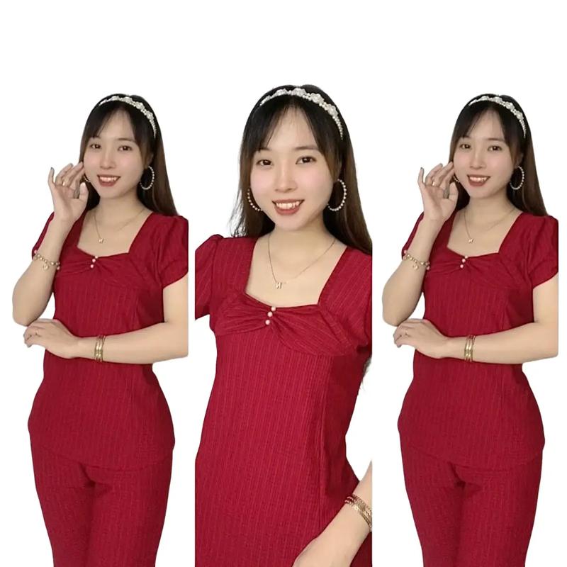 ĐỒ BỘ DÀI SỌC DỆT, CỔ CÓ NƠ NHỎ VÀ ĐÍNH BA HẠT CHUỖI, QUẦN DÀI ỐNG ÔM (22JHB) Nữ ống + cv xếp ly đen đễ thương địu đen tối giản