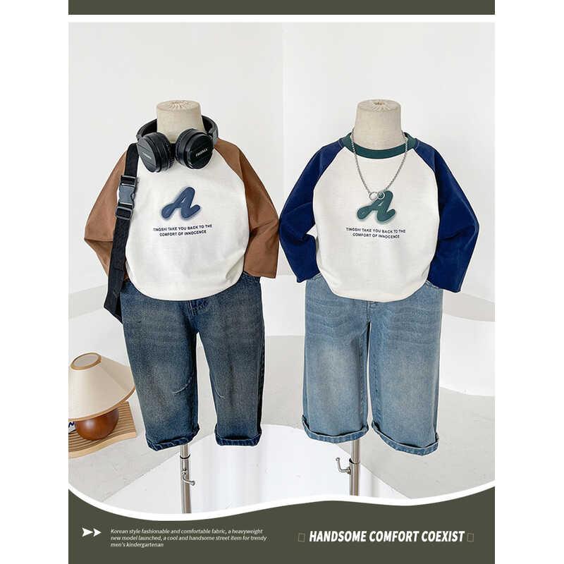 Product Introduction of Wind Valley 2024 new children's clothing Korean version contrasting color raglan sleeve T shirt boys versatile base for spring and autumn 3