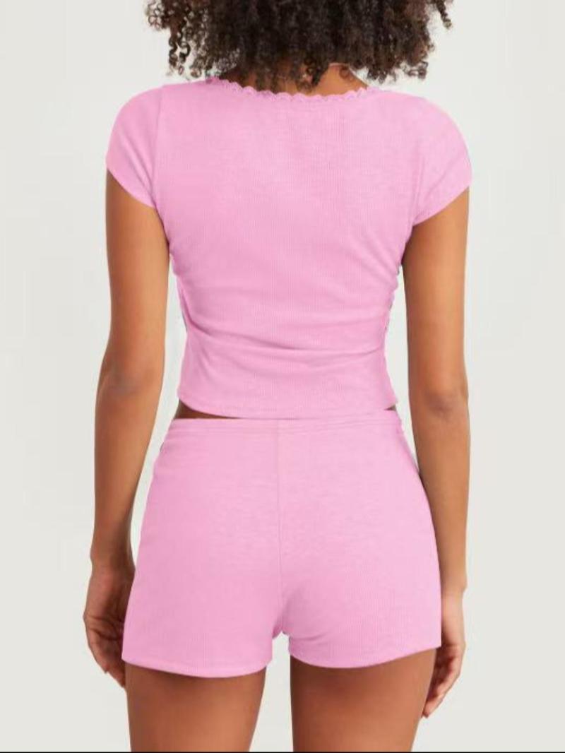 Product Introduction of Women's Solid Ribbed Crop Top & Shorts Two-piece Set, Casual Fashion Cozy Breathable Two Piece Outfits for Daily Wear, Ladies Clothes for All Seasons 2