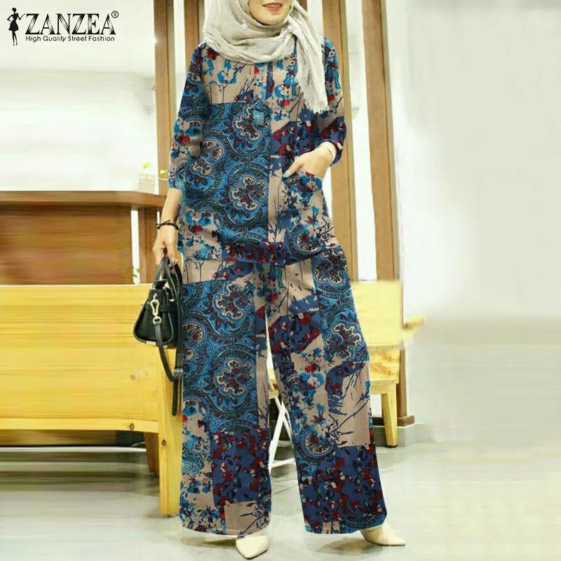 Product Introduction of ZANZEA Womens Muslim Cotton Printed Outfits 3/4 Sleeve Blouse Wide Leg Long Pants Loose Set Suit 9