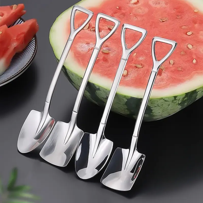 Thìa hình dạng xẻng bằng thép không gỉ, bộ 4 / 1 cái, thích hợp cho cà phê, dưa hấu, kem, món tráng miệng và trà, đầu nhọn, bộ Đồ Ăn nhà bếp 2